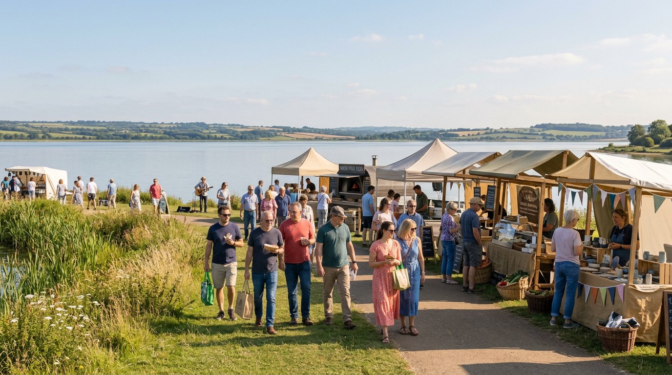 Illustrative public event beside Rutland Water, with visitors browsing food and craft vendors under open-sided marquees